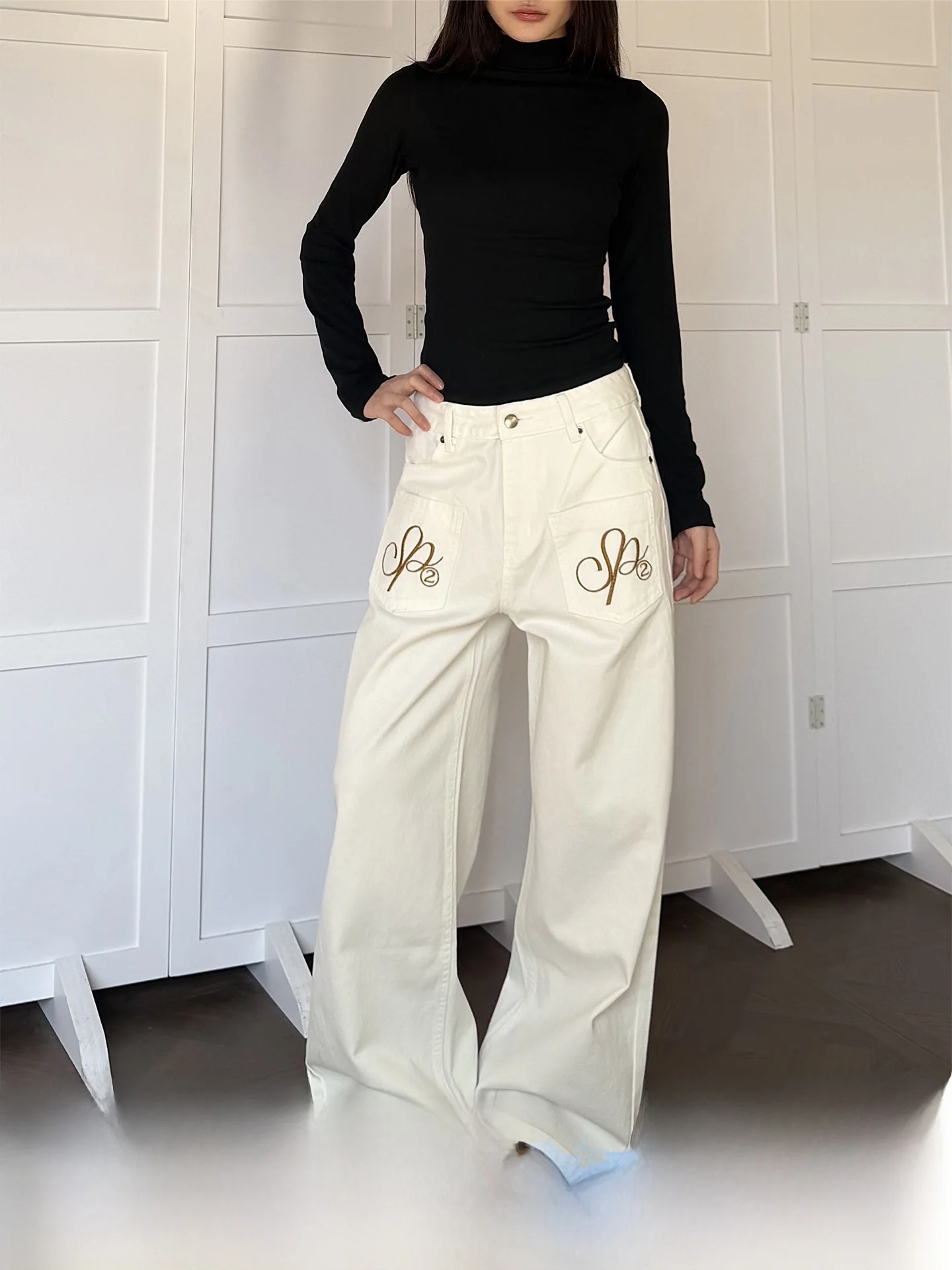 

Don Cry American Retro Embroidered Washed White Jeans Loose Wide Leg Straight Loose Legged Long Trousers Unisex Casual Jeans