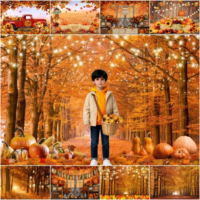 Autumn Photography Background Fall Maple Forest Leaves Pumpkin Thanksgiving Party Backdrop Decor Supplies Harvest Event Banner