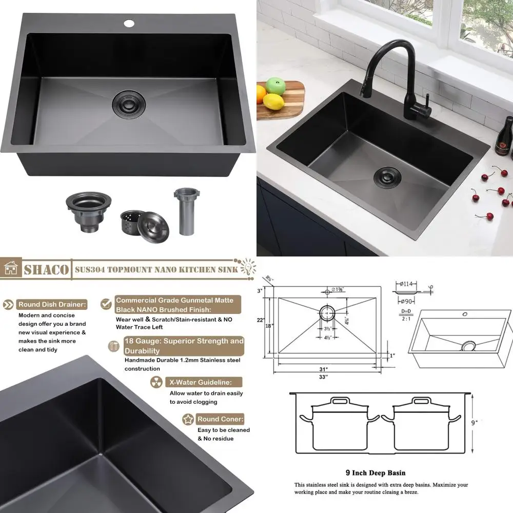 

Large 33 Inch Single Bowl Gunmetal Black Farmhouse Kitchen Sink, Top Mount, 16 Gauge SUS304 Stainless Steel