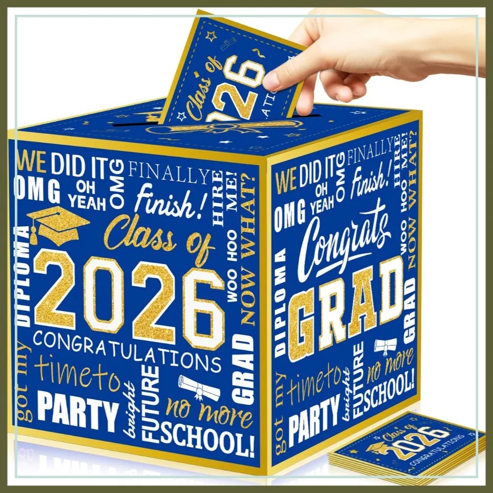 

Blue and Gold 2026 Graduation Card Box with 48 Advice Cards, Class of 2026 Party Decorations