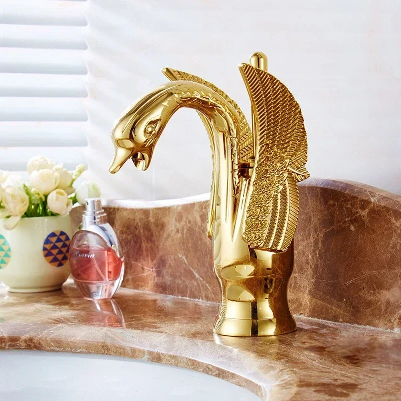 All-copper European antique faucet, heightened gold-plated swan basin faucet, hot and cold basin faucet on stage