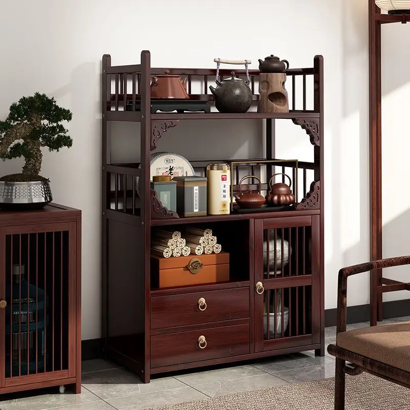 Bamboo TeaStorage RackOrganizerDisplay Shelf Cabinet Chinese StyleMulti-Tier Stand forTeaCupsTeapot BooksHomeKitchen Living Room
