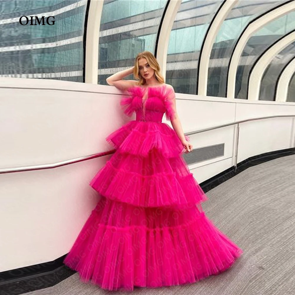 

OIMG Modern Fuschai A Line Ball Gowns Evening Dresses Sleeveless Tulle Tiered Long Formal Night Party Dress Prom Gowns 2023