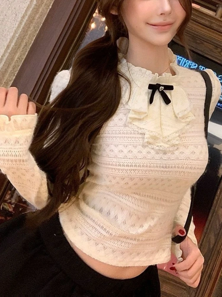

Harajuku Elegant Design Long Sleeve Warm Tops Female Lace Bow Slim Fit Base Inner Wear T-Shirt Women New Korea Chic Clothes 2025