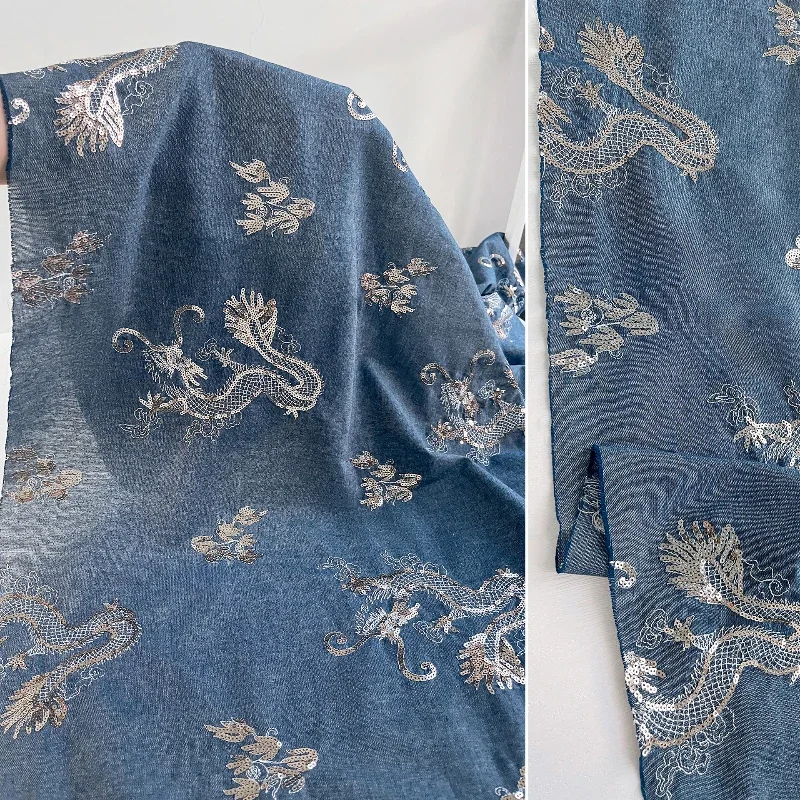 New Chinese Style Three-dimensional Sequins Tenglong Embroidery Denim Fabric Used Lightweight Shirts Dresses Clothing Fabrics