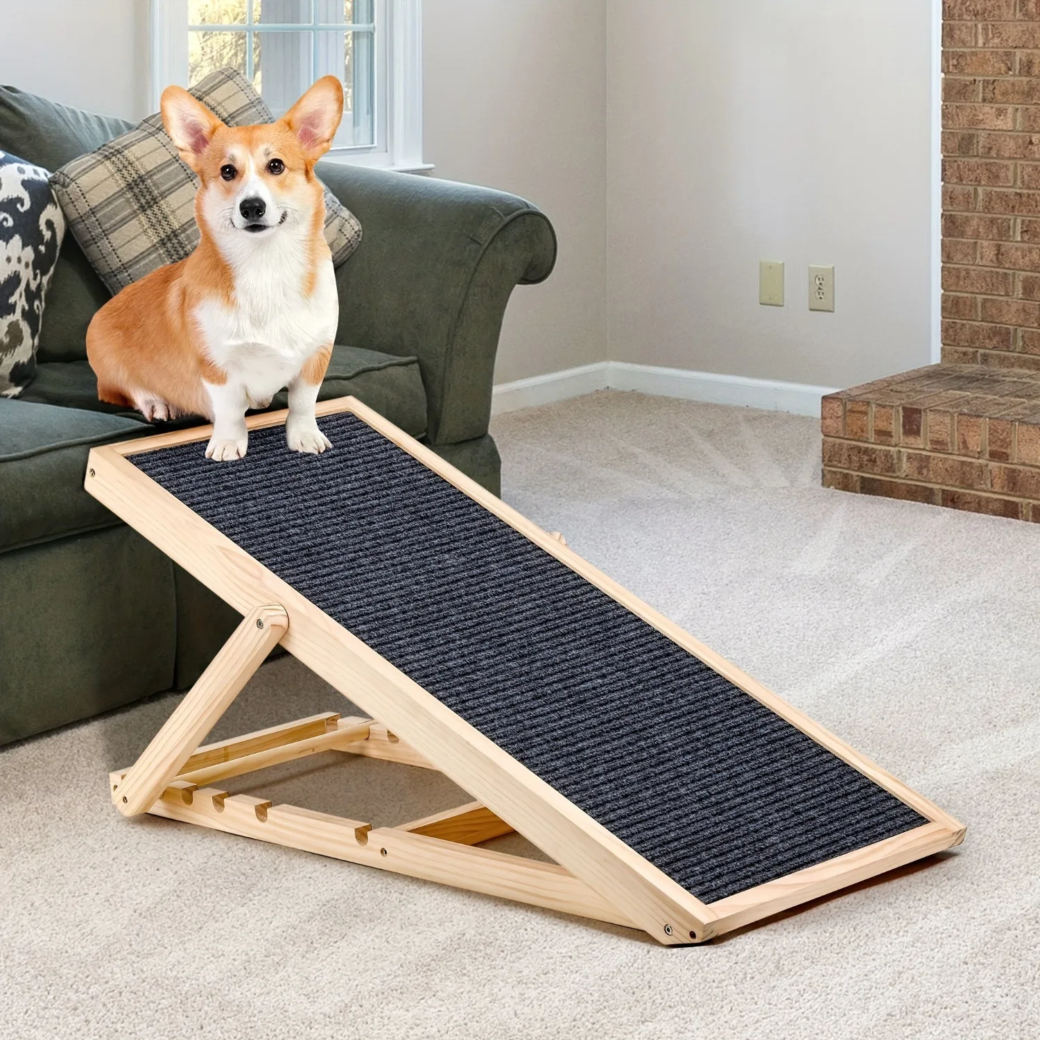 

Adjustable Dog Cats Ramp, Upgraded Folding Portable Wood Pet Ramp for Small and Older Animals, 42" Long, Height from 14" to 26"