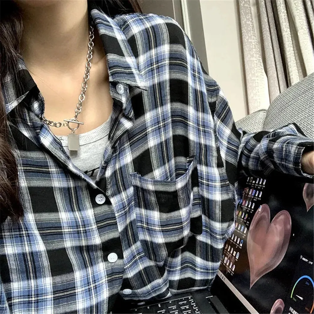 Plaid Shirts Women Long Sleeve Cardigan Vintage Top Black Checked Shirt Cute Button Up Oversize 2022 Korean Loose Fashion Blouse