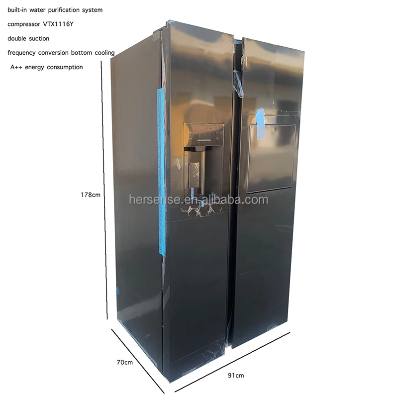 Black tempered glass smart side-by-side refrigerator with fully automatic ice maker art bar and built-in water purifier