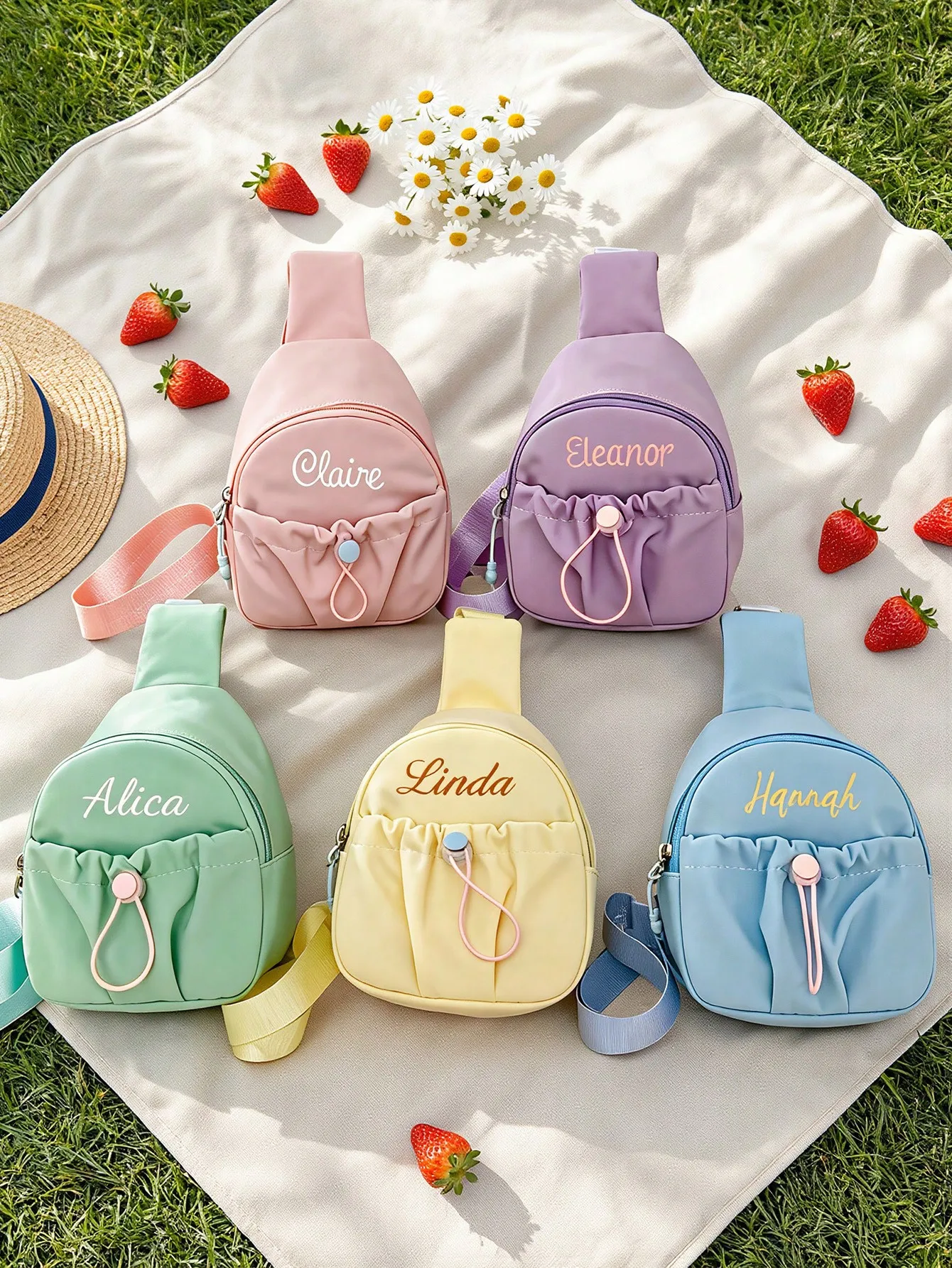Custom Name Embroidery Mini Sling Bag Cute Candy Color Crossbody Bag for Girls Women Small Drawstring Chest Bag Kids Backpack