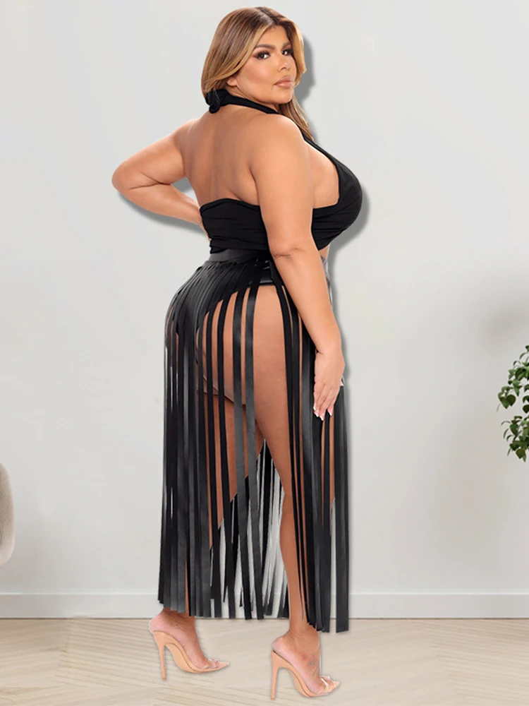 Plus Größe Frauen Kleidung 5xl Zwei Stück Sets Backless Crop Top und Kleid Set Pu Leder Sexy Outfits Großhandel Groß dropshipping