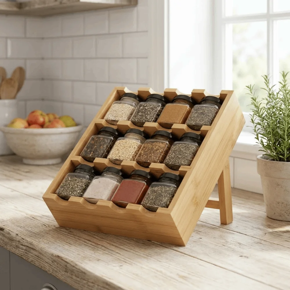 

Wooden 12 Grids Spice Rack Large Capacity Space Saving Multi-Layer Condiment Rack with Storage Jars Spice Organizer for Storing