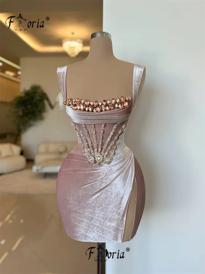 Velvet Pink Rhinestones Corset Short Cocktail Dress Spaghetti Straps Sleeveless Crystal Mini Prom Birthday Party Homecoming Robe