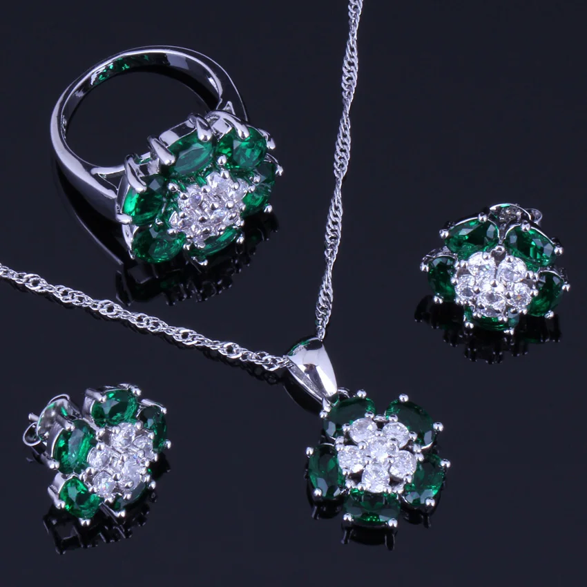 Glamorous Green Cubic Zirconia White CZ Silver Plated Jewelry Sets Earrings Pendant Chain Ring V0235