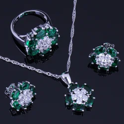 Glamorous Green Cubic Zirconia White CZ Silver Plated Jewelry Sets Earrings Pendant Chain Ring V0235