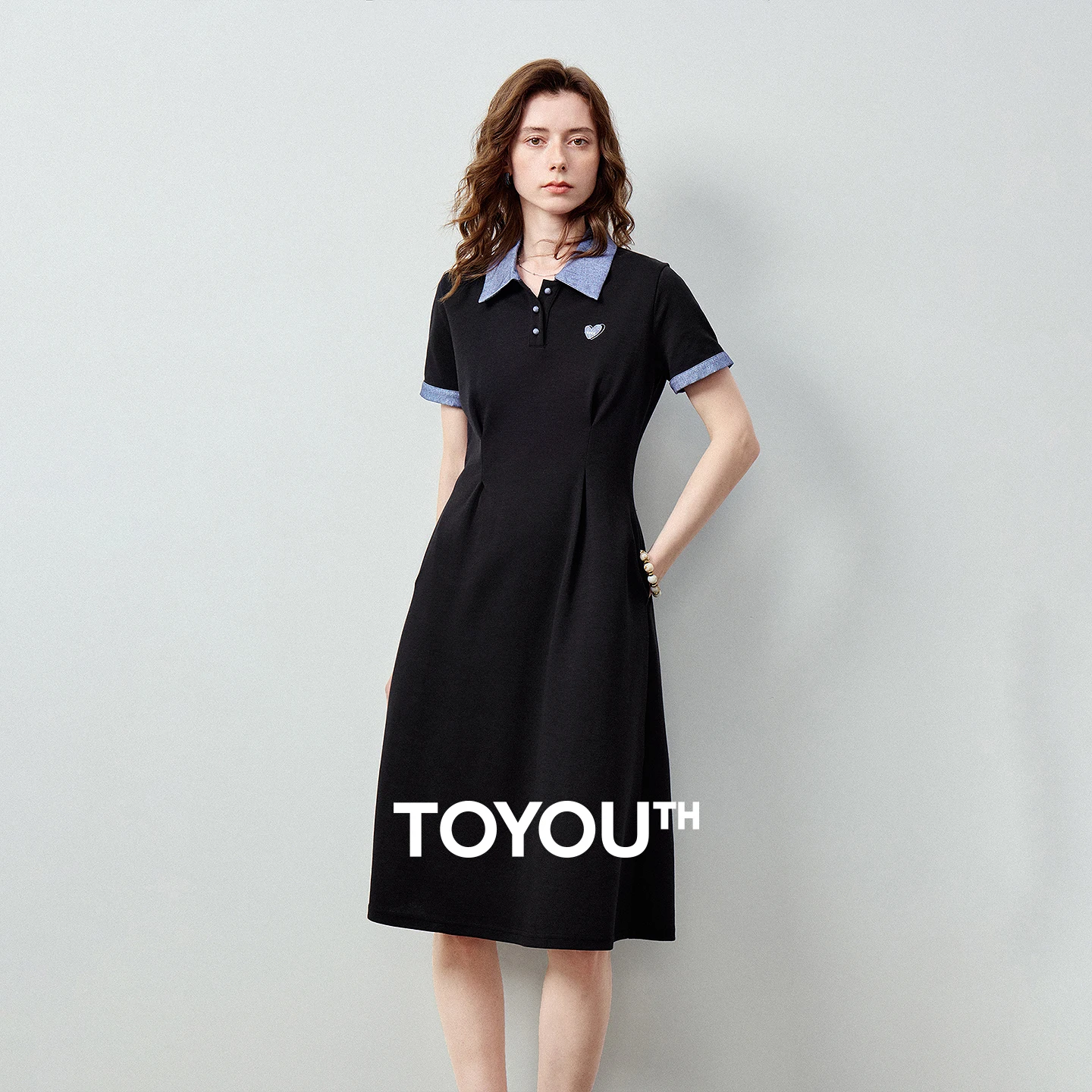 

TOYOUTH Women Dress 2026 Summer Contrast Denim Collar High Waist A Line Polo Dress Intellectual Sporty Style