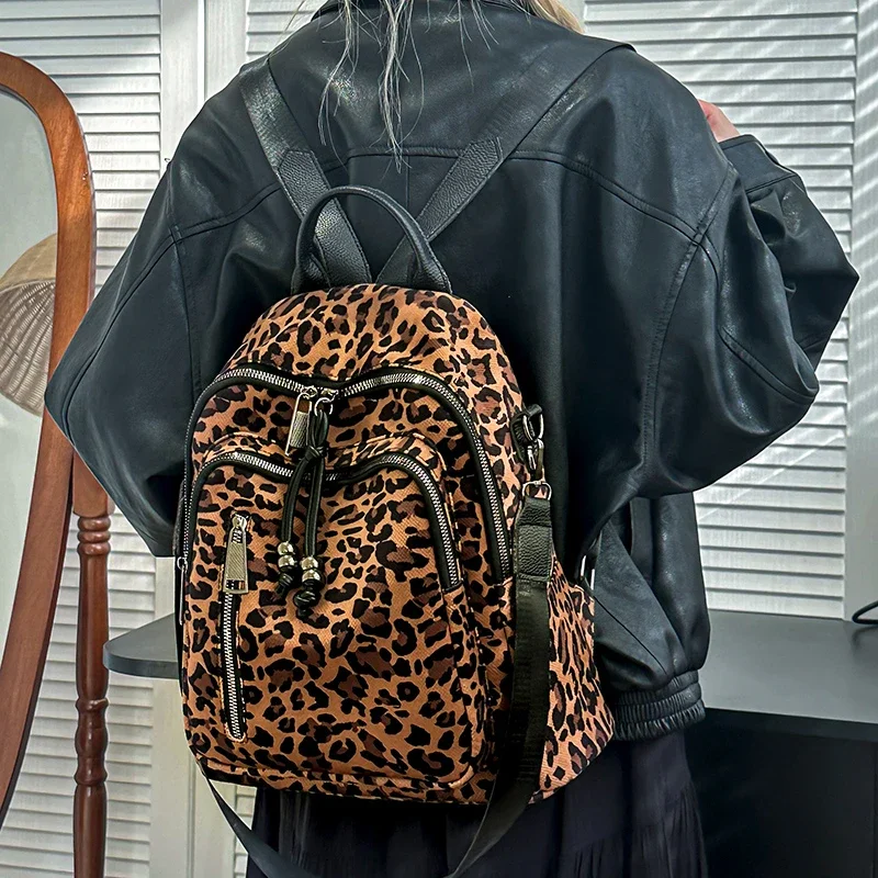 Casual Large Capacity Leopard Print Backpacks Canvas High Quality 2025 Simple Interior Zipper Pocket Youth School Bags