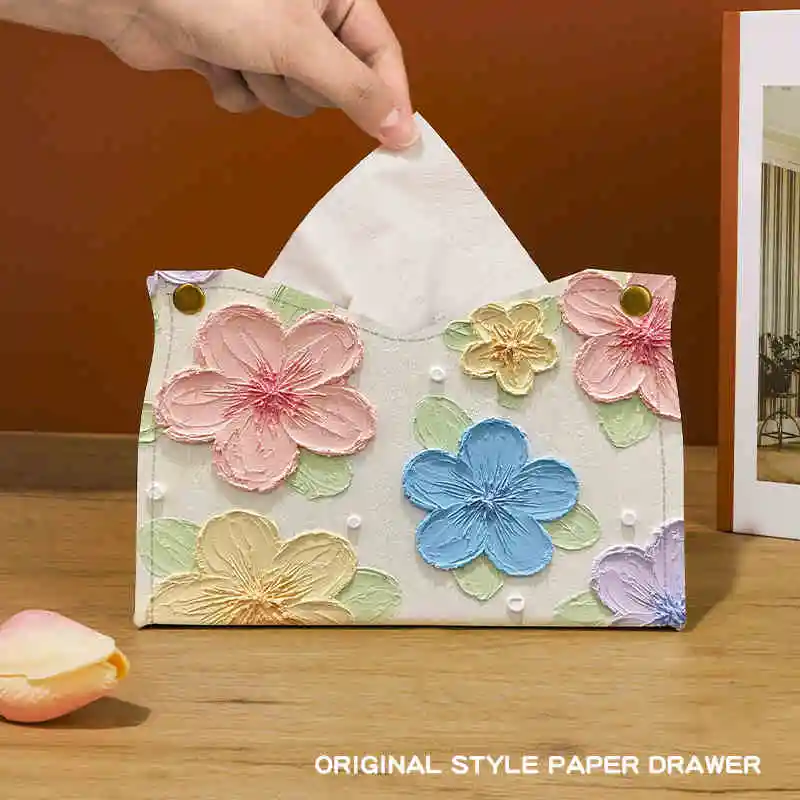 

Colorful Flower Oil Painting Paper Box, Home Living Room Dining Room Paper Box, Room Paper Box, Waterproof Storage, Light Luxury