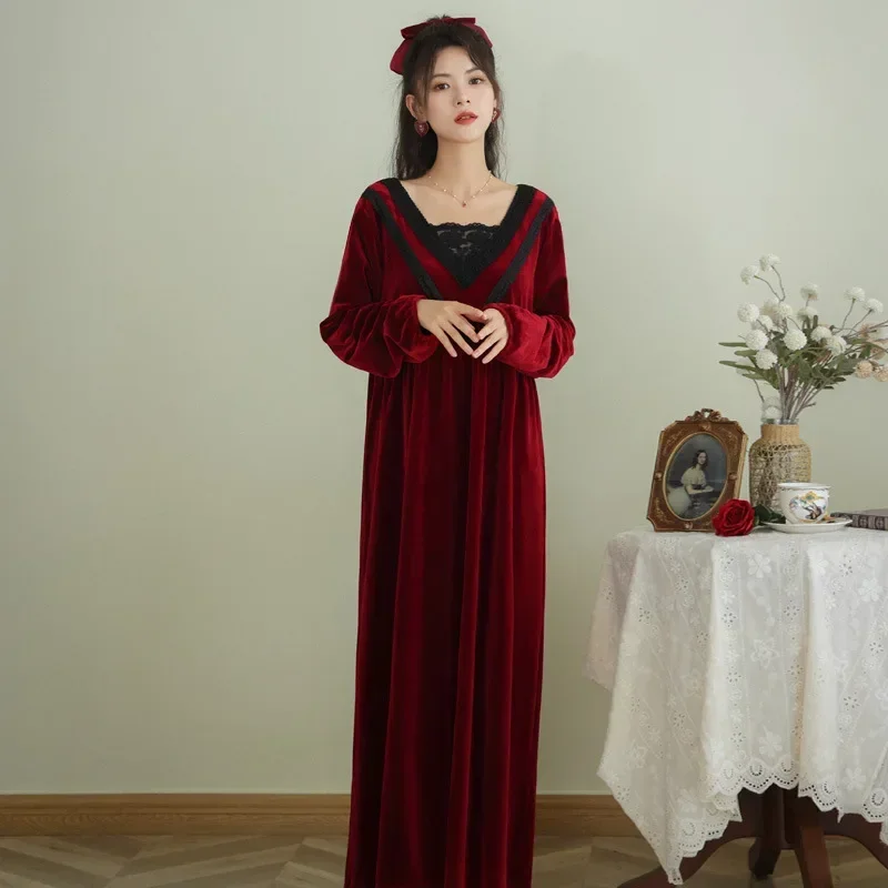 Romantic Victorian Vintage Nightgowns Retro Velvet Night Dress Court Style Sleepwear Women Winter Warm Long Sleeve Robe Peignoir - view 5