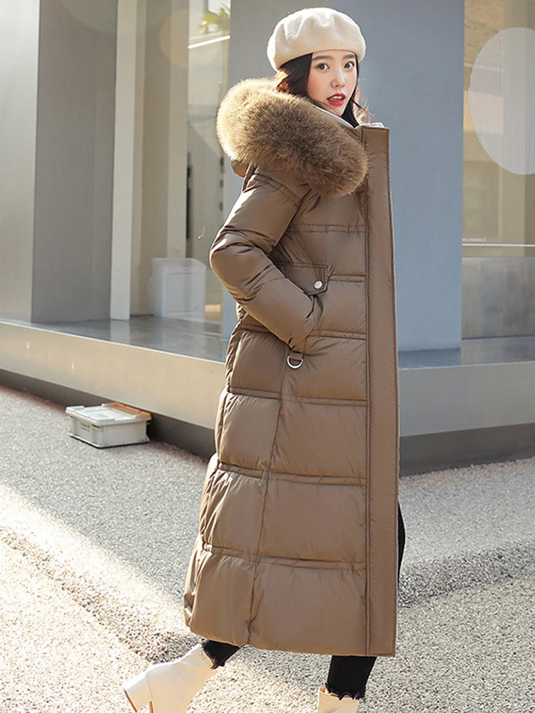 New Winter Long Cotton Down Coats Snow Fur Parka Thicken Warmer Belt Big Pocket Puffer Jacket Over Knee Length Outerwear