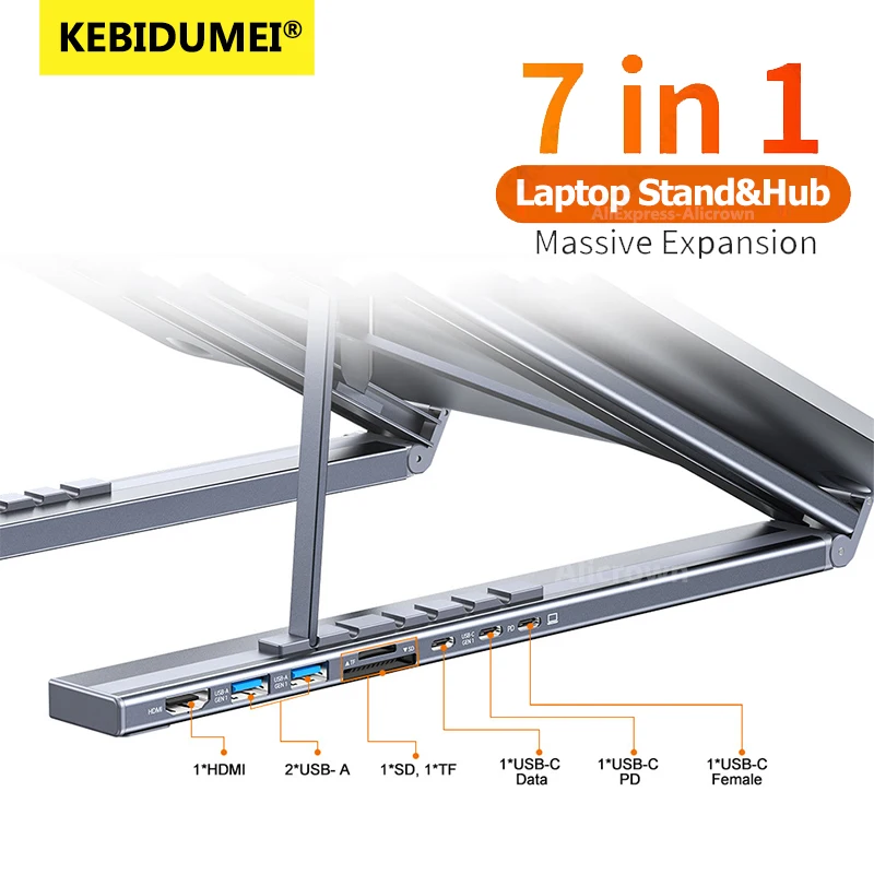 Laptop-Halterung 7-in-1-Dockingstation HUB Typ C Dockingstation 4K 30 Hz Typ C-Adapter USB3.0 100 W Aluminiumhalterung für Notebook