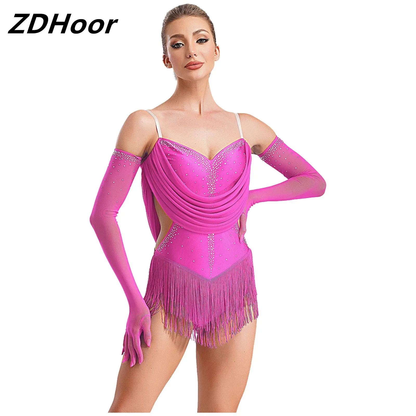 

Womens Jazz Latin Dance Leotard Glittery Rhinestones Tassel Adjustable Straps Cutout Fringed Bodysuit with Gloves