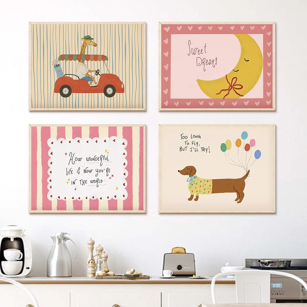 

Inspirational Nursery Quote Print Pink Baby Decor Giraffe Driving Car Nursery Retro Animal Wall Art Playful Kids Room Poster