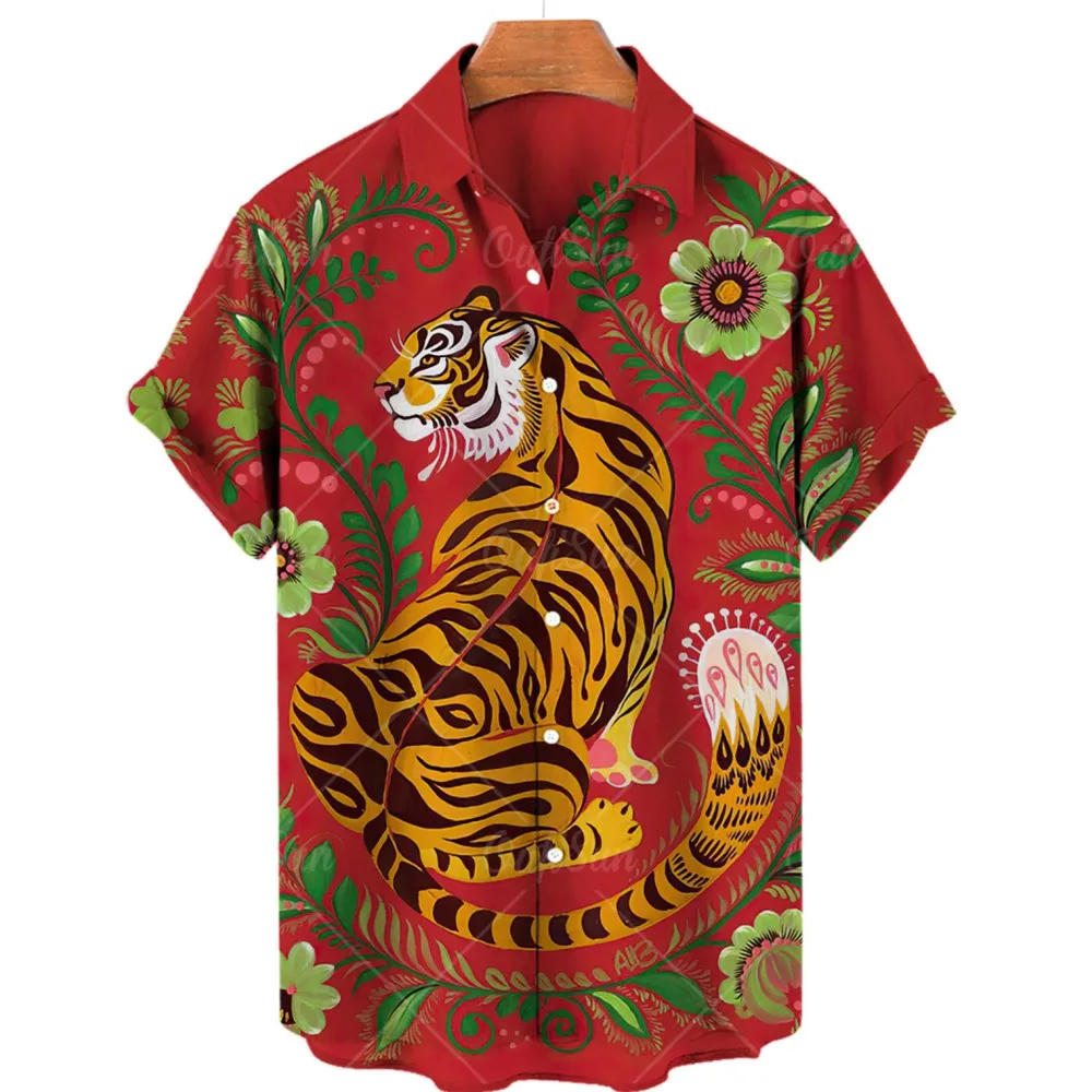 Summer Men Shirt Hawaiian Dragon Tiger Animal Social Oversized Tropical Short Sleeve Casual Floral Breathable Y2k Clothes Slim