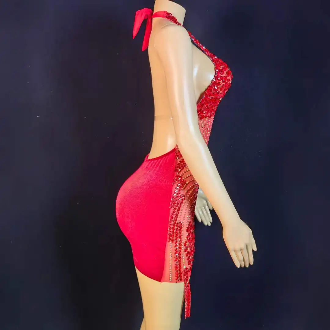 Red Backless Rhinestone Birthday Party Queen Dress Sexy Evening Gogo Dancer Outfits 2025