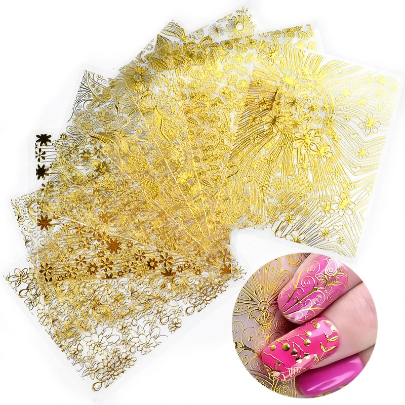 8PCs Nail Stickers Set Wedding Design Embossed Flower Lace Adhesive Decals French Sliders for DIY Manicure Decoration