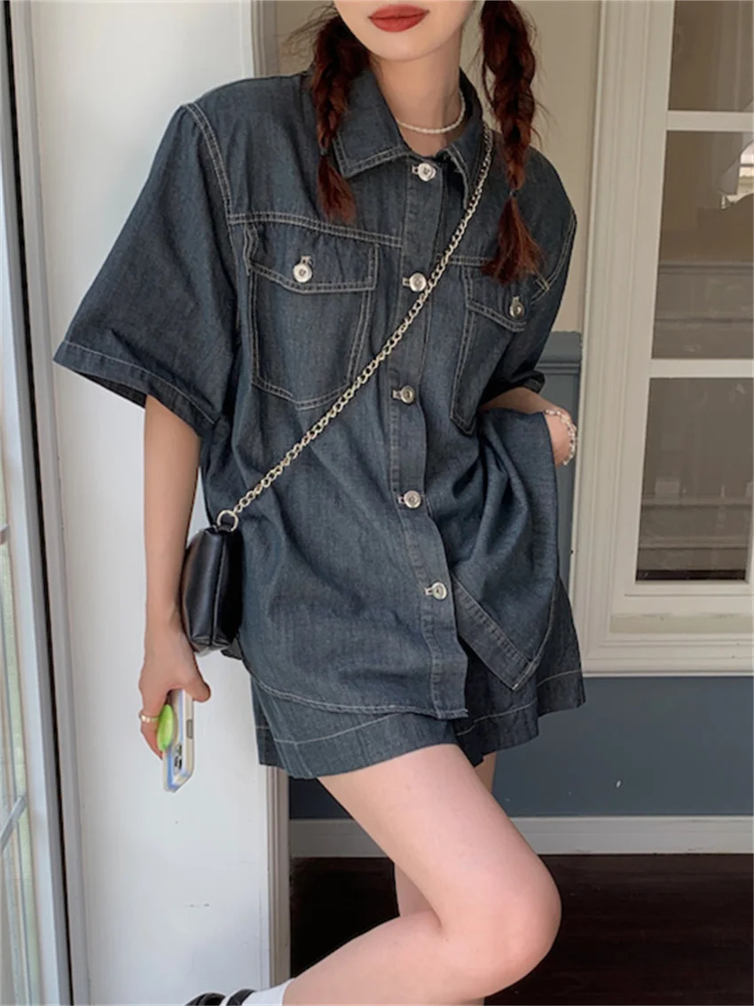 Alien Kitty Summer Denim All Match Suits Women Chic Loose Vintage Half Sleeve Shirts Casual Wide Leg Shorts New Slim Daily