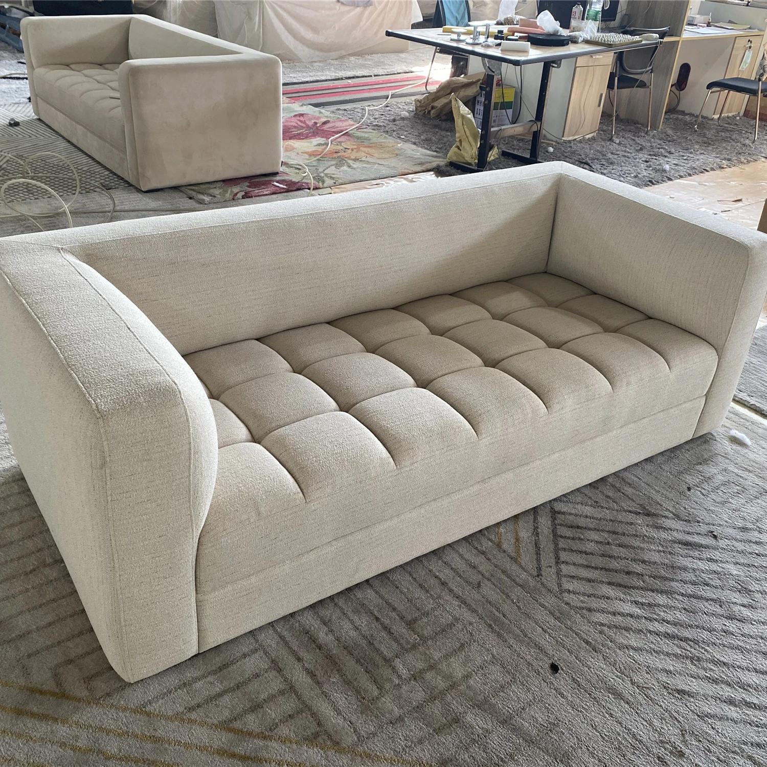 

Furniture Factory 4-3 Seater Tufted Chesterfield Leather Sofa Set Sectional Wood Fabric Living Room Bedroom Hotel Sofa