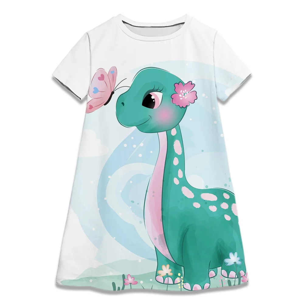 Summer Girl Short Sleeves Dress Cute Dinosuar Children Girls Birthday Party Princess Dresses Kawaii White Clothes Birthday Gifts