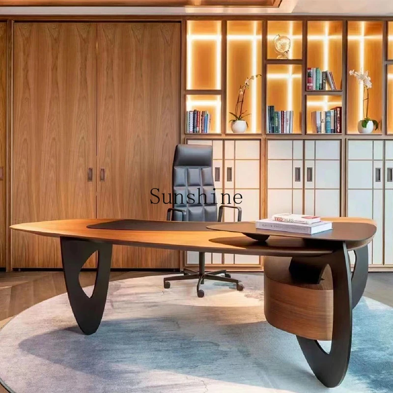

Italian minimalist living room large long desk light luxury modern home earth double solid wood desk
