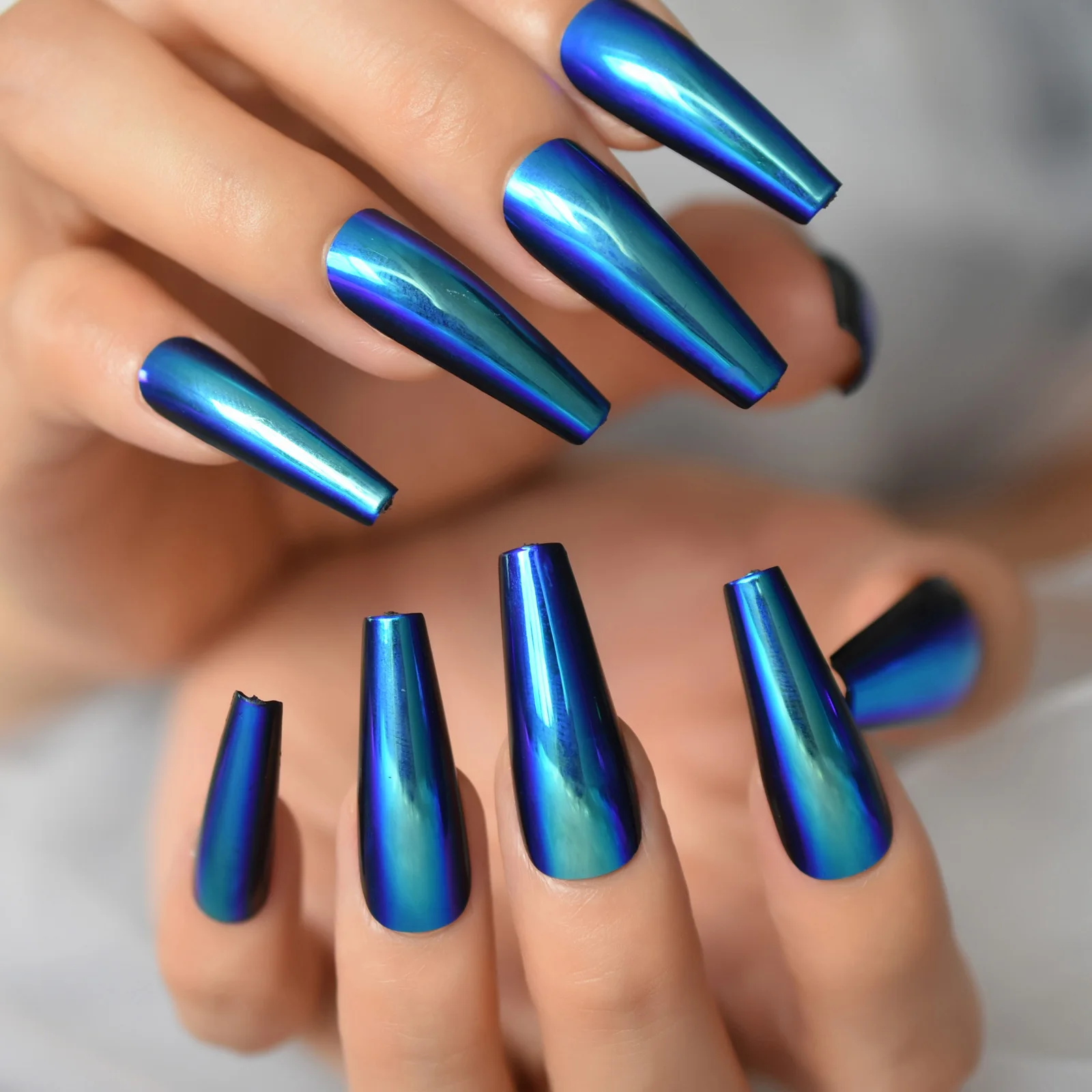 Chrome Metallic Fake Nails Set Mirror Extra Long Press On Nails Coffin Ballerina Blue Acrylic False Nail Art Tips For Women