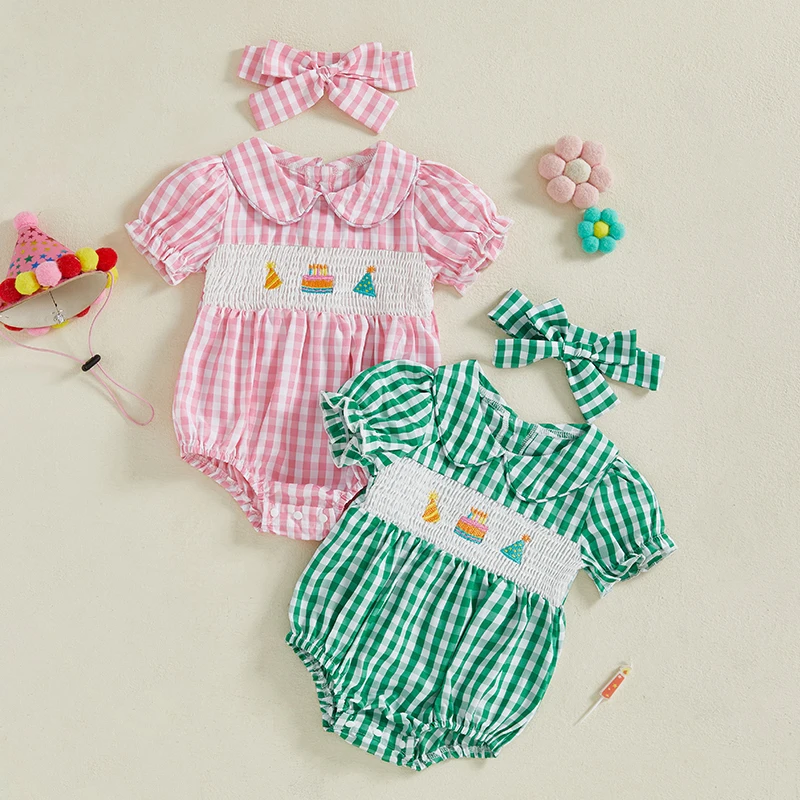 

Newborn Baby Girl Summer Outfits Plaid Pattern Smocked Doll Collar Bubble Short Sleeve Romper with Bow Headband 2 Pcs Set