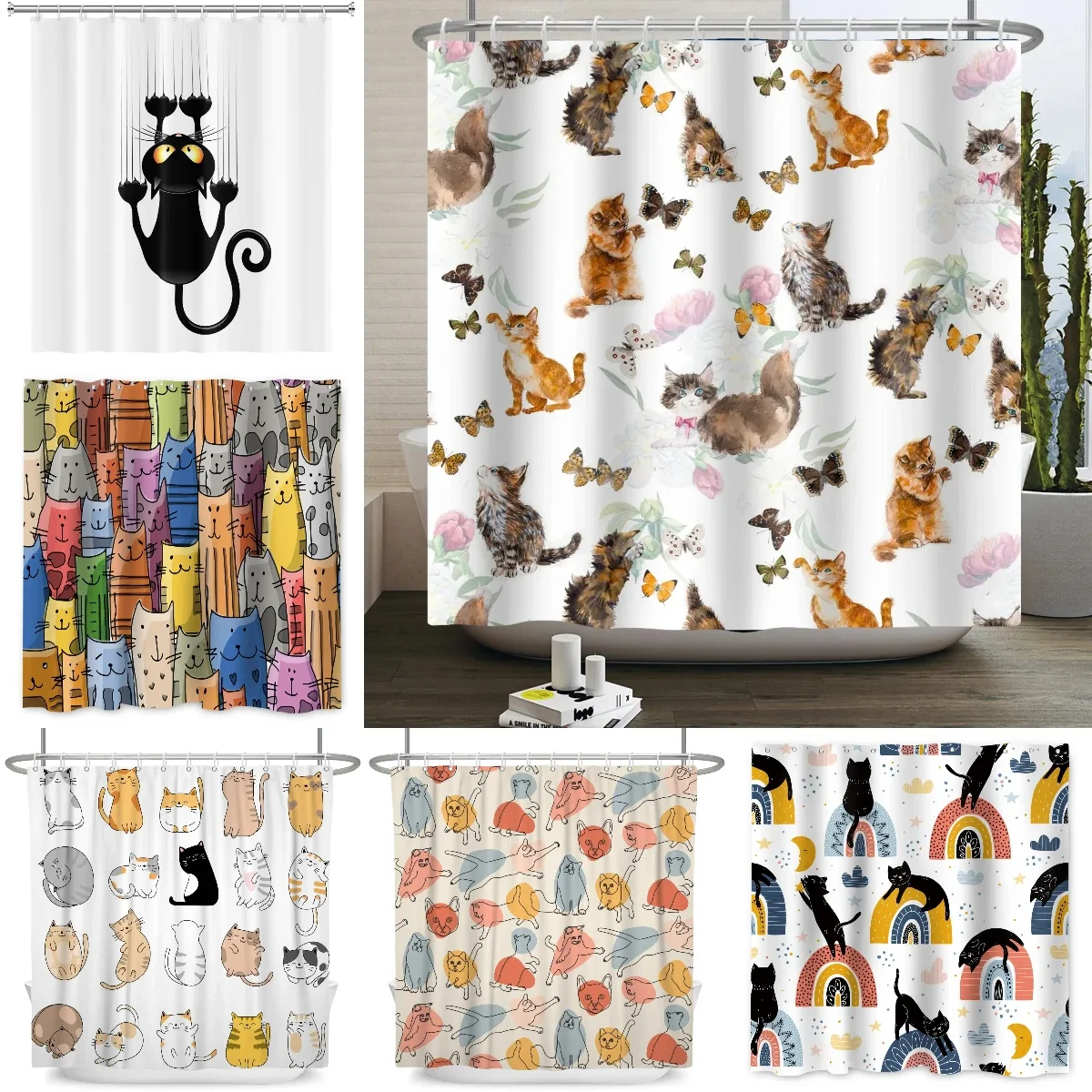 Cortina de ducha con dibujos animados de gatos y perros para niños, impermeable, de poliéster, decoración del hogar