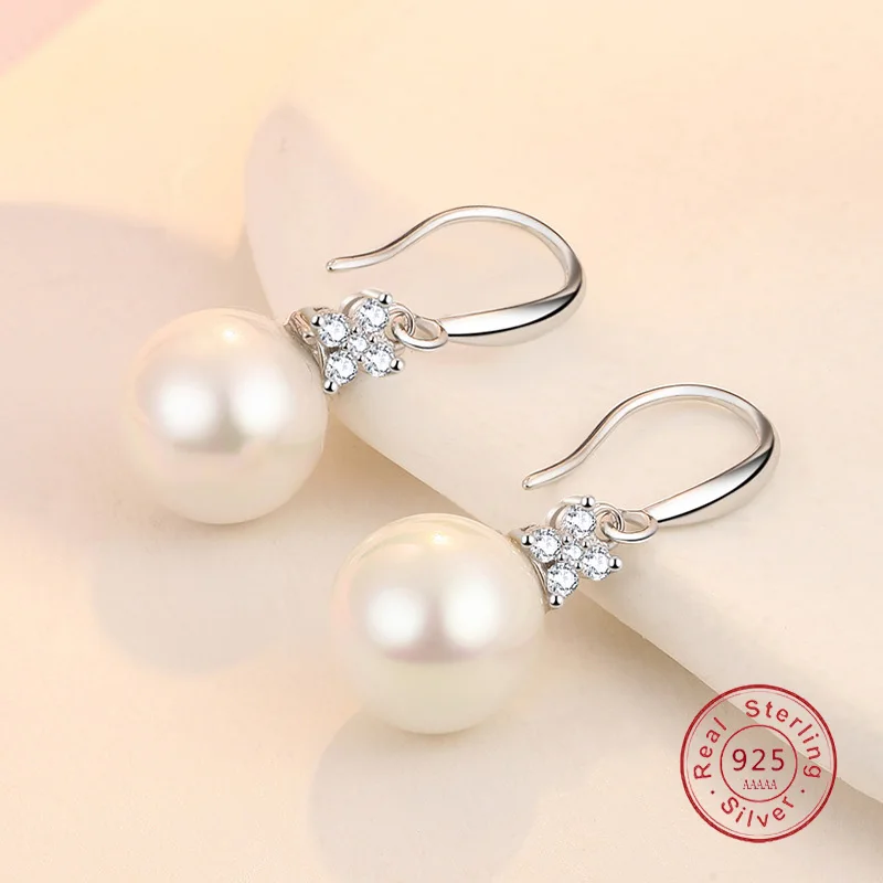 

Простые женские серьги из стерлингового серебра 925 пробы, 10 мм, серьги с натуральным жемчугом для женщин, серьги с цветком и цирконием, банкетные модные ювелирные изделия, подарок