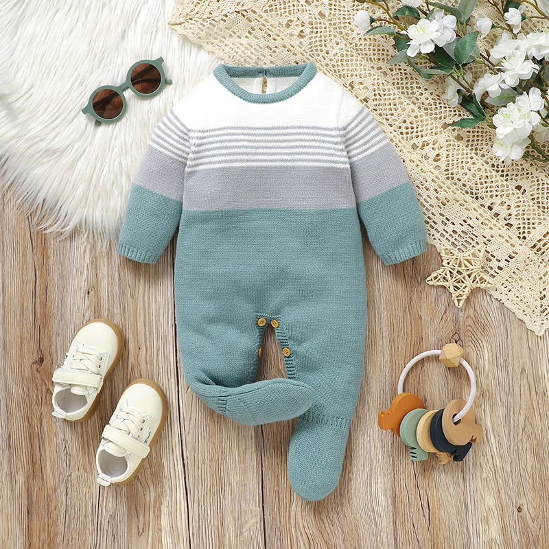 Autumn Baby Romper Knitted Newborn Boy Girl Jumpsuit Long Sleeve Foot Wrap Warm Infant Kid Clothes 0-9M Fashion Striped Overalls