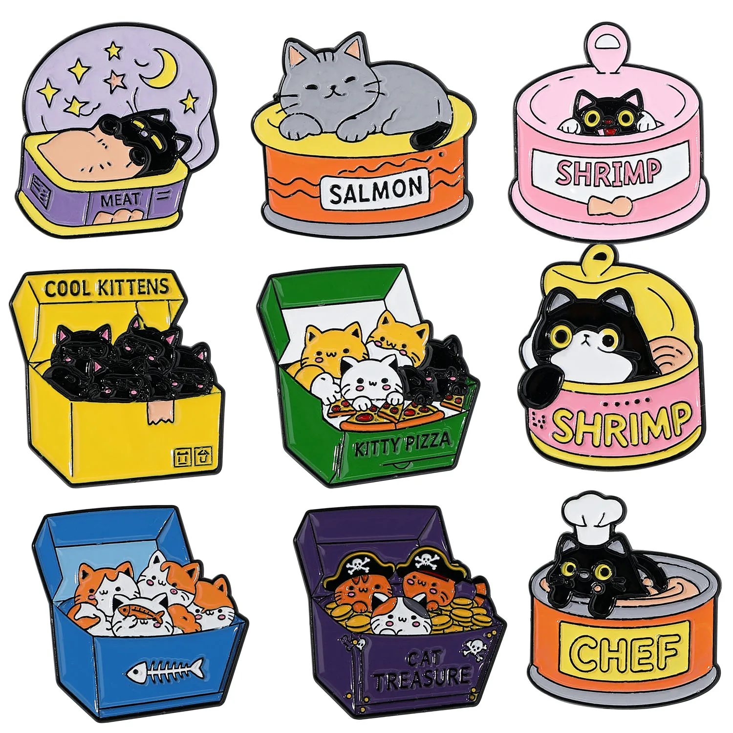 Cartoon Cat Canned Metal Badge Salmon Shrimp Creative Cute Alloy Paint Brooch Accessories Manufacturer Direct Sales