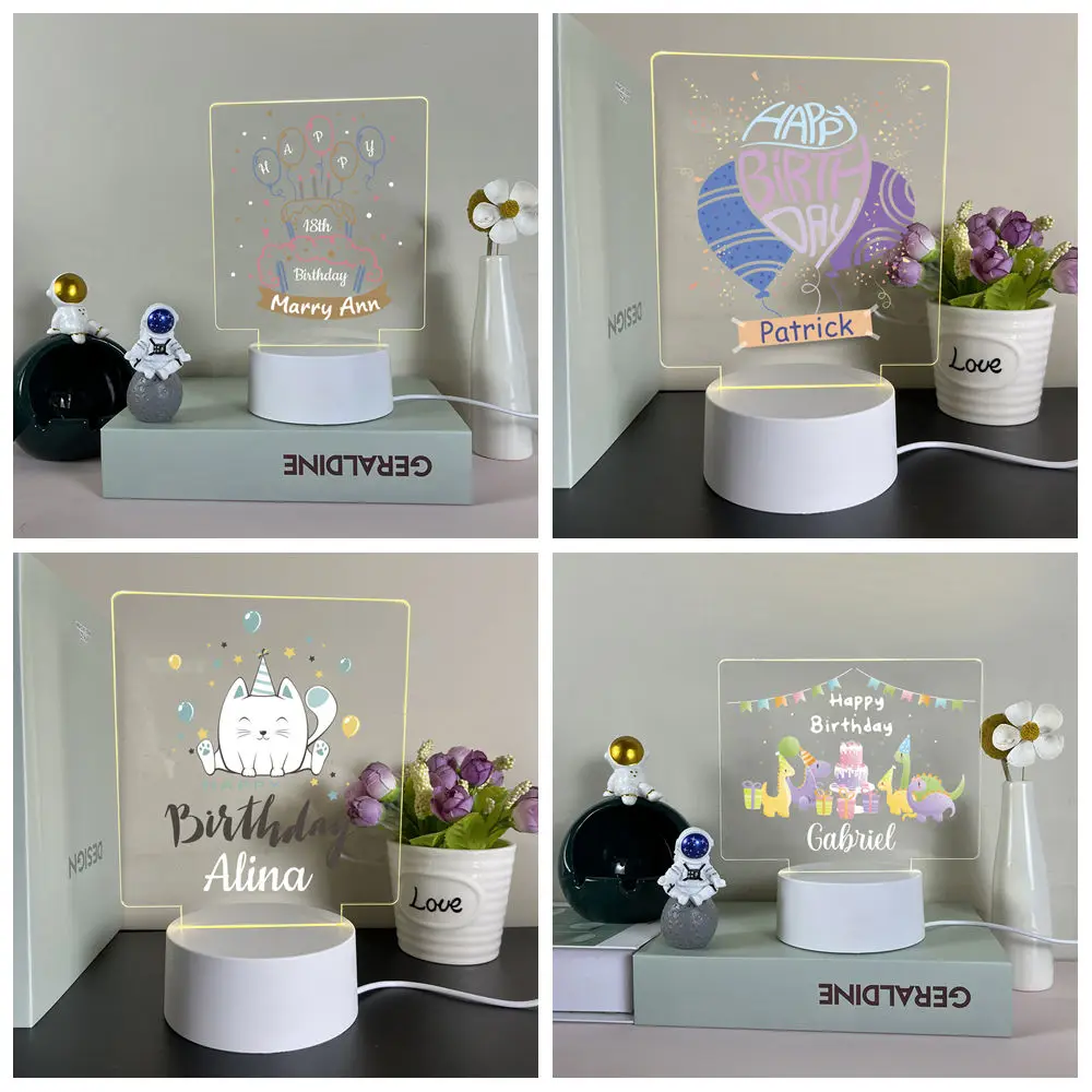 

1PC Lovely Cat Happy Birthday UV Print Customized Name Led Table Lamp For Kids Gift Cartoon Personalized Dinosaur Night Light