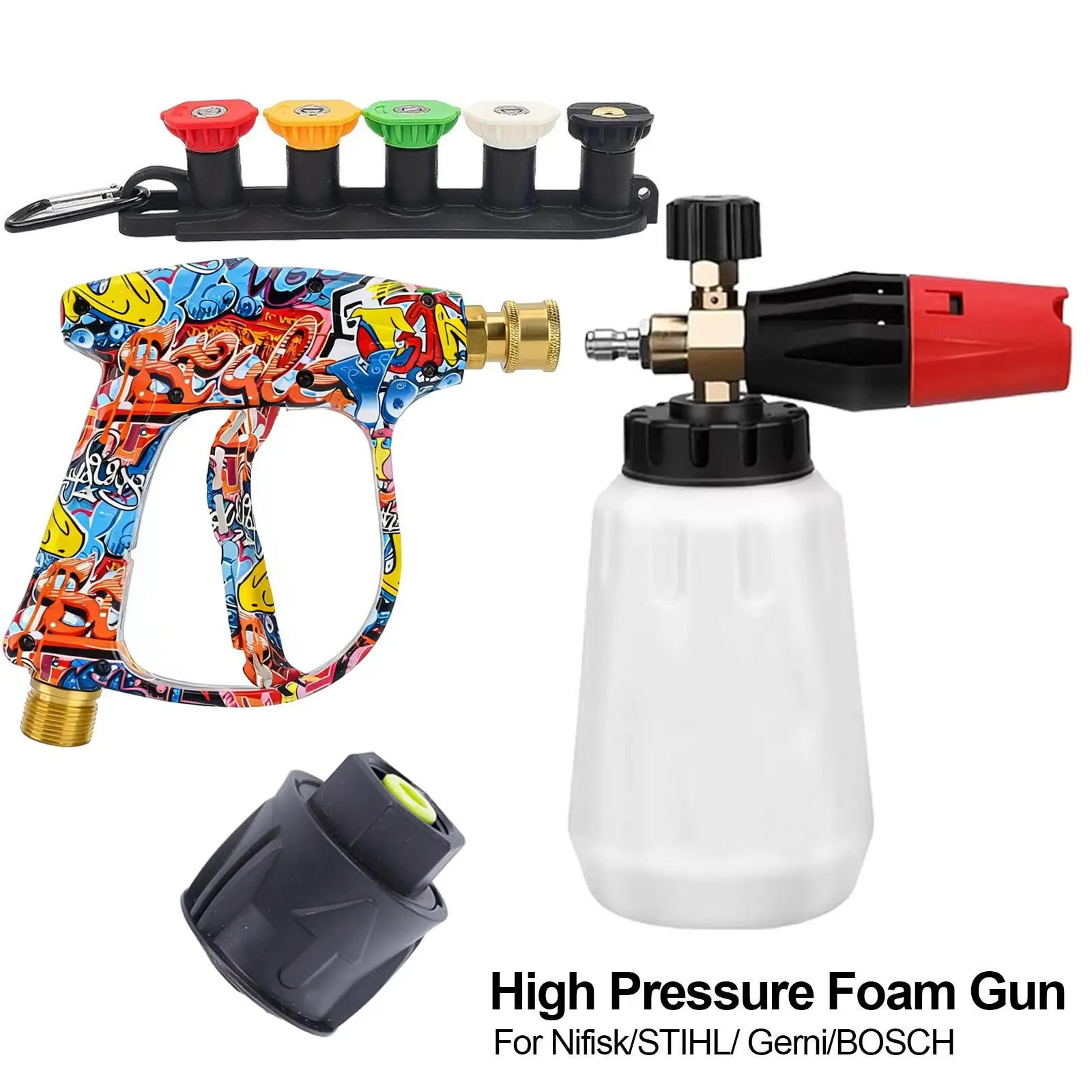 Multi-Brand Compatible Graffiti Foam Lance,1L Adjustable Snow Foam Sprayer,1/4 Quick Nozzle Kit & Rubber Storage Holder