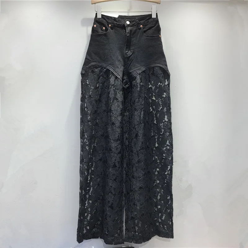 Wide Legs Pants 2025 Spring/Summer Casual Lace Splicing Jeans for Women Straight Y2k Falling Fashionable and Versatile Trousers