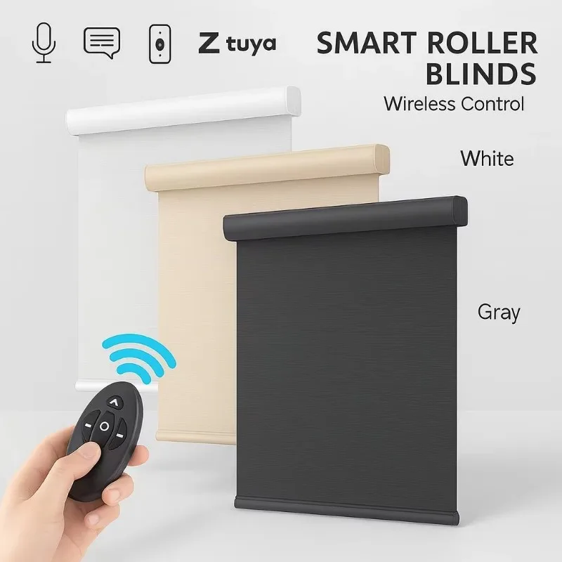Motorized WiFi Controlled Roller Blinds, 100% Polyester Waterproof 100% Blackout Window Shades