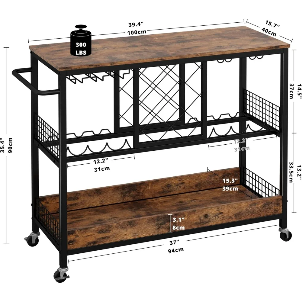 Bar Cart, Serving Cart with Wine Rack Glasses Holder Kitchen Cart on Wheels Wood and Metal Frame, Vintage Brown