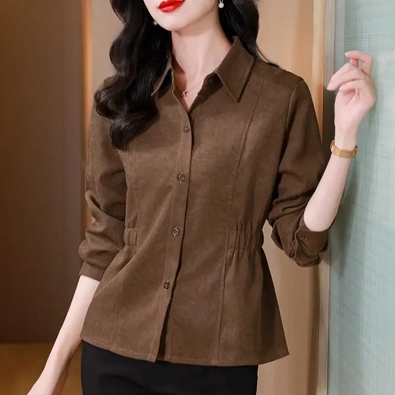 

Элегантная блузка с лацканами, утягивающая талию, однотонная, с длинными рукавами, повседневная