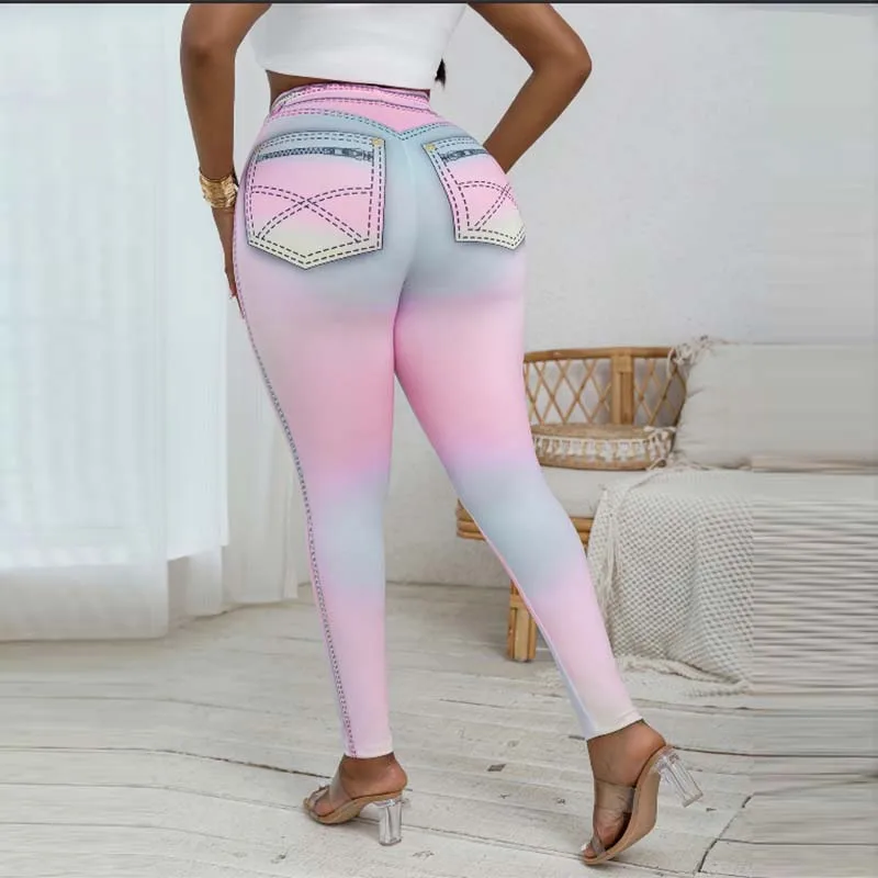 Women Elastic Tights Sport Leggings Faux Pocket Gradient Pattern Fashion Sweatpants Ladies Casual Gym Pants Large