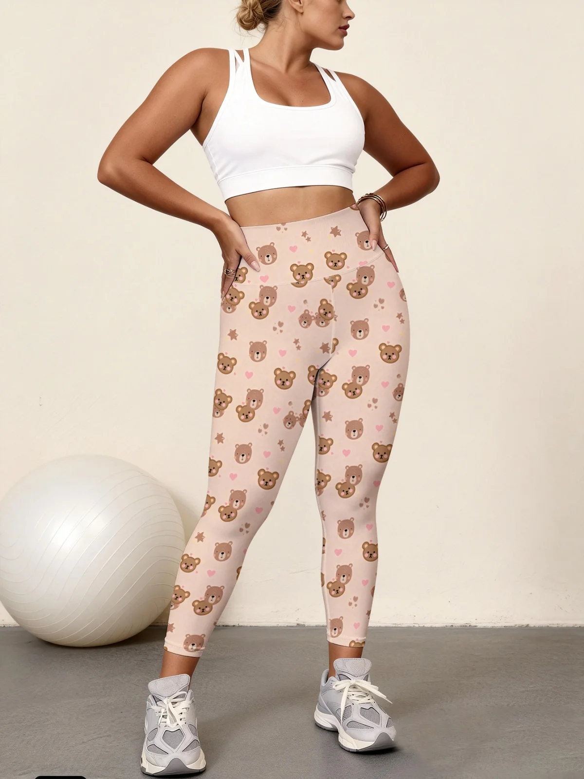 

Light foundation make-up bear head full print print women's high waisted yoga pants, high stretch quick drying sports leggings,