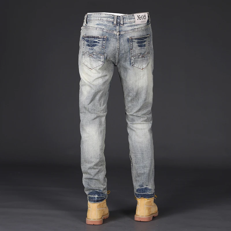 Newly Designer Fashion Men Jeans Retro Yellow Blue Elastic Slim Fit Ripped Jeans Men Italian Vintage Casual Denim Pants Hombre