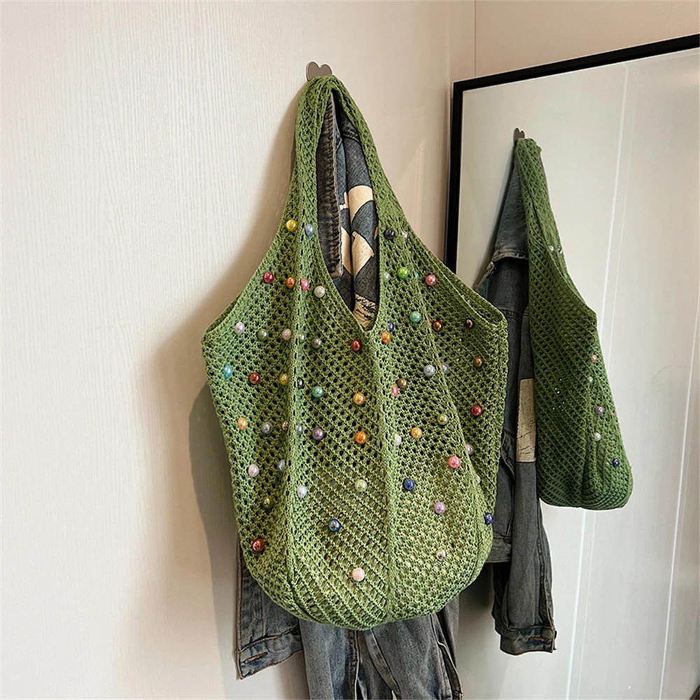 Summer Knitted Women Tote Bag bolsos Handmade Hollow Out Colour Pearl Shopper Bag  Large Capacity Portable Single Shoulder Bags