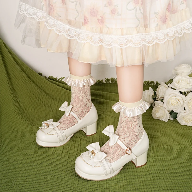 

YQBTDL 2026 Japanese Style Sweet Bow Lace Princess Lolita Mary Jane Shoes Lace-up Buckle Strap Thick Platform Pumps Ears Pearl